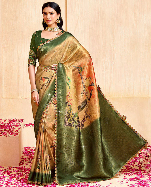 Sandal nature-theme printed fancy soft saree, contrast patch embroidery border, jaal stone work pallu, & embroidered belt