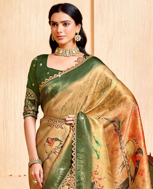 Sandal nature-theme printed fancy soft saree, contrast patch embroidery border, jaal stone work pallu, & embroidered belt