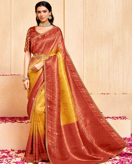 Yellow bandhani printed fancy soft saree, contrast patch embroidery border, jaal stone work pallu, & embroidered belt
