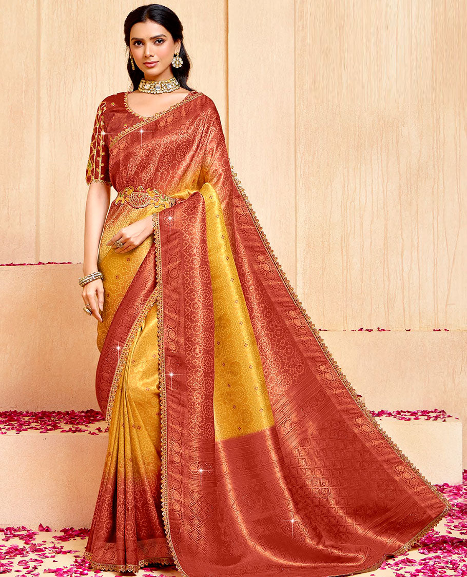 Yellow bandhani printed fancy soft saree, contrast patch embroidery border, jaal stone work pallu, & embroidered belt