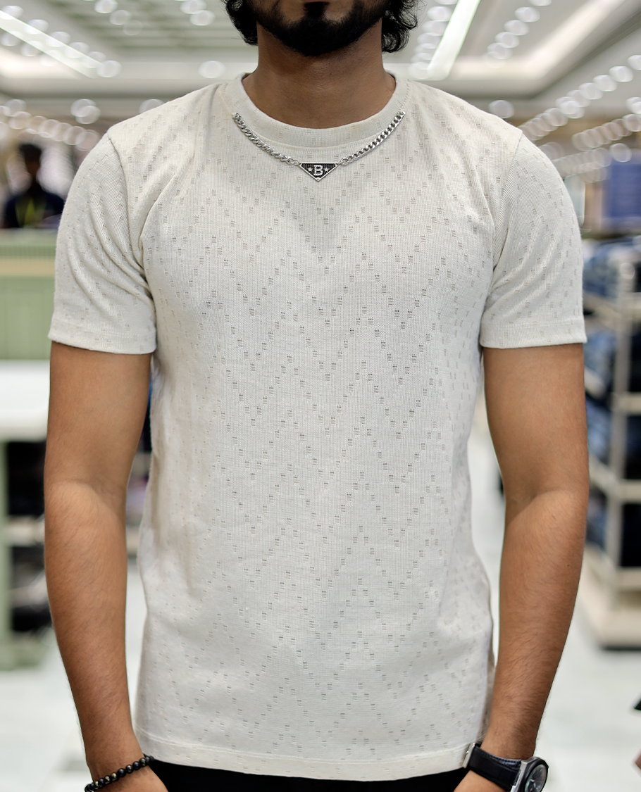 Ivory Chevron Cotton-Blended T-Shirt