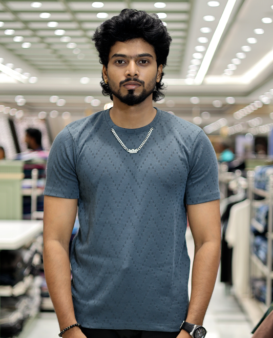 Dark Grey Chevron Cotton-Blended T-Shirt