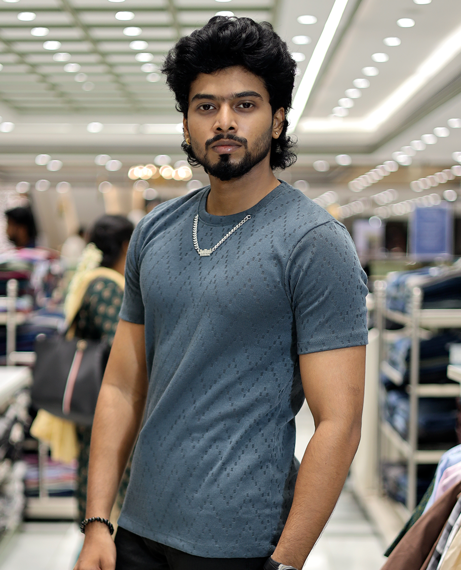 Dark Grey Chevron Cotton-Blended T-Shirt