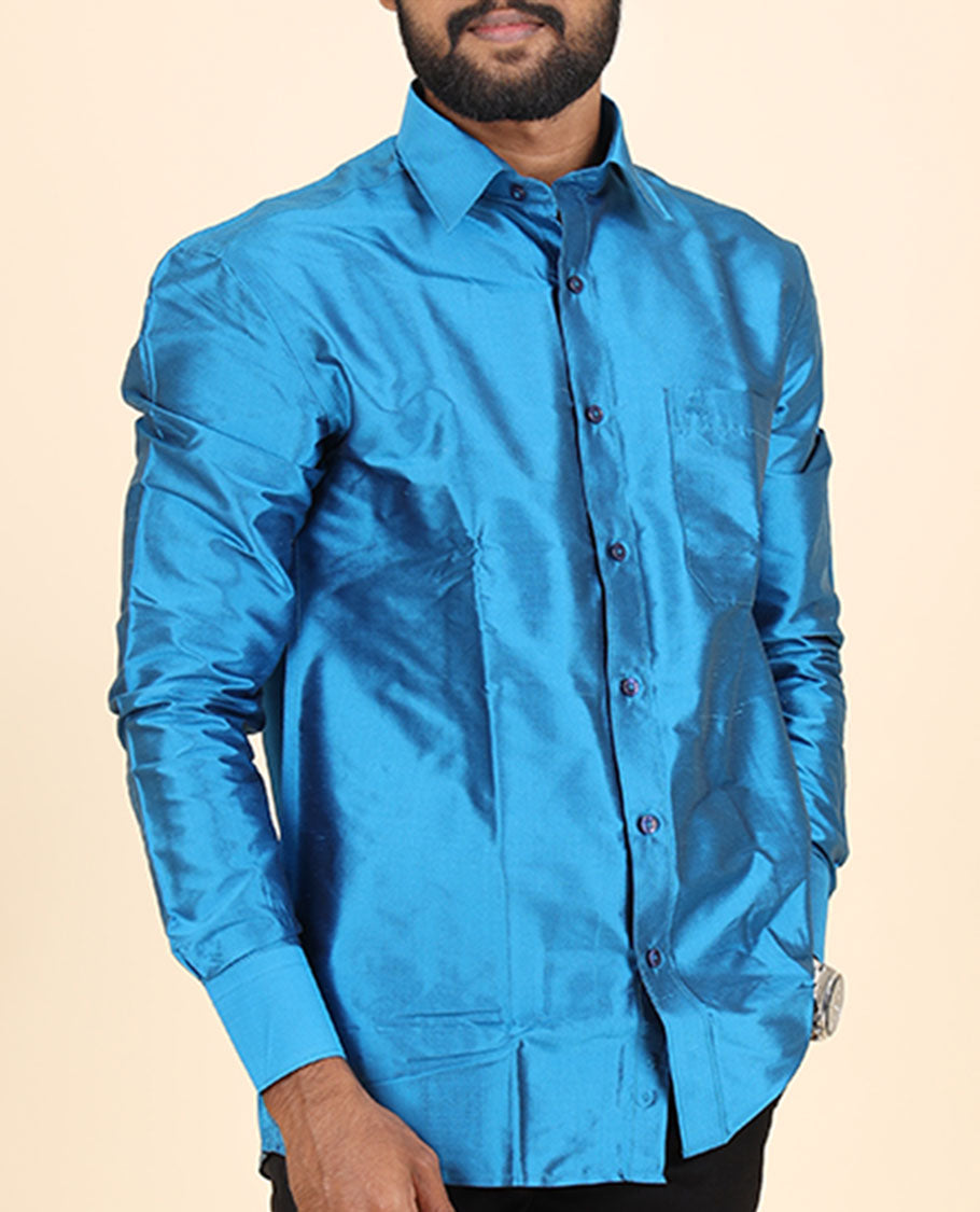 Blue pure-silk plain design full-sleeve shirt
