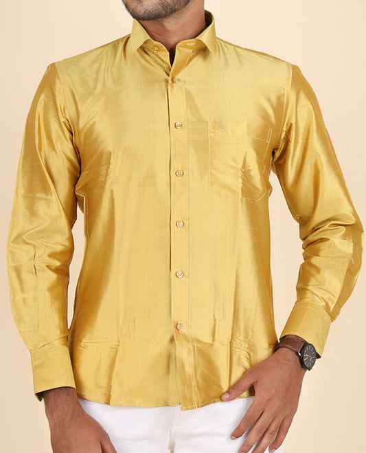 Gold color plain design full-sleeve pure-silk shirt