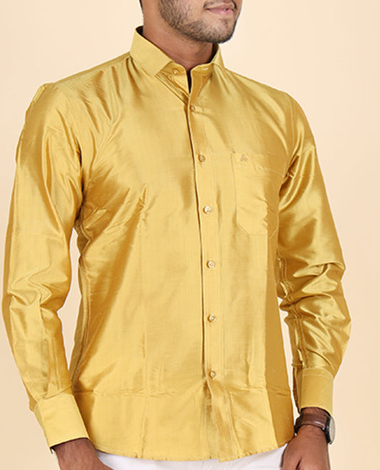 Gold color plain design full-sleeve pure-silk shirt