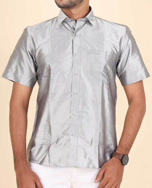 Grey plain design with pocket half-sleeve pure-silk regular fit shirt 