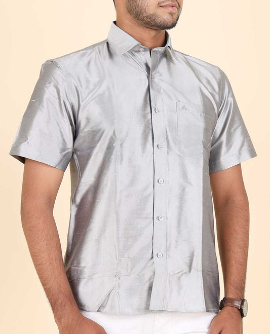 Grey plain design with pocket half-sleeve pure-silk regular fit shirt 