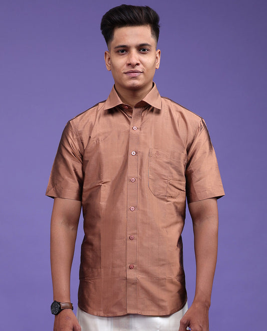 Brown color plain design half-sleeve pure-silk shirt