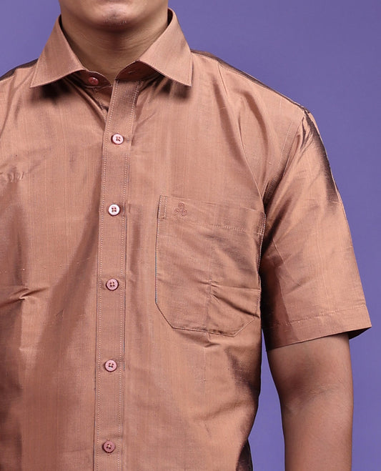 Brown color plain design half-sleeve pure-silk shirt