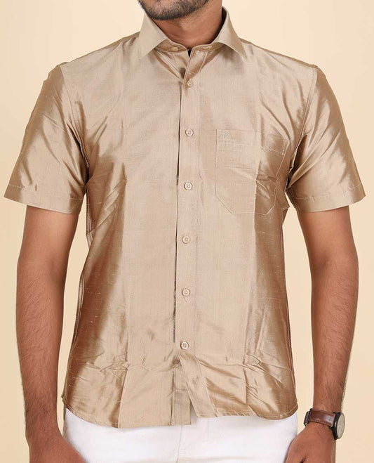 Dark fawn brown color plain design half-sleeve pure-silk shirt