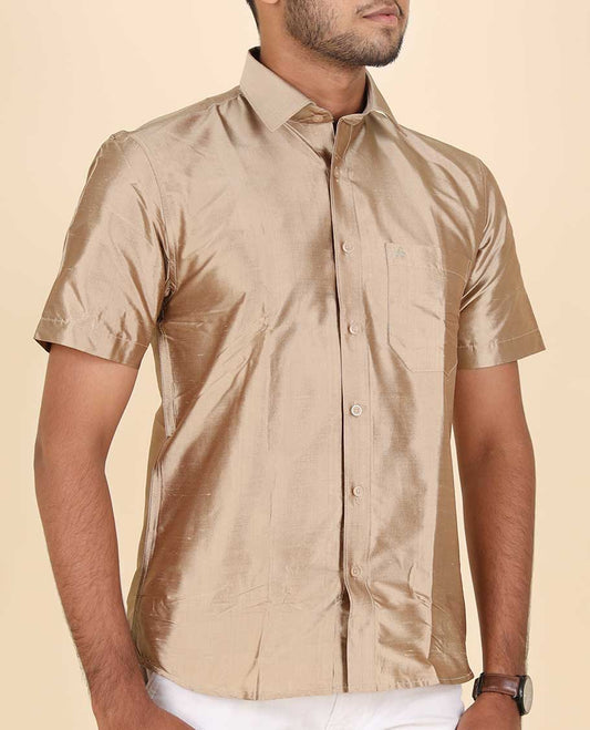 Dark fawn brown color plain design half-sleeve pure-silk shirt