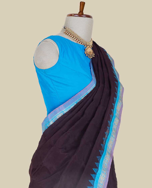 Classy black gadwal cotton saree with contrast vibardha border & zari design enriched pallu 