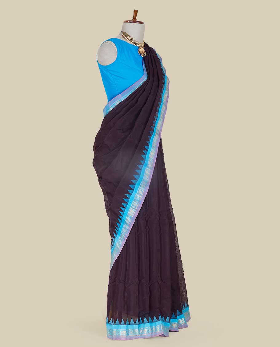 Classy black gadwal cotton saree with contrast vibardha border & zari design enriched pallu 