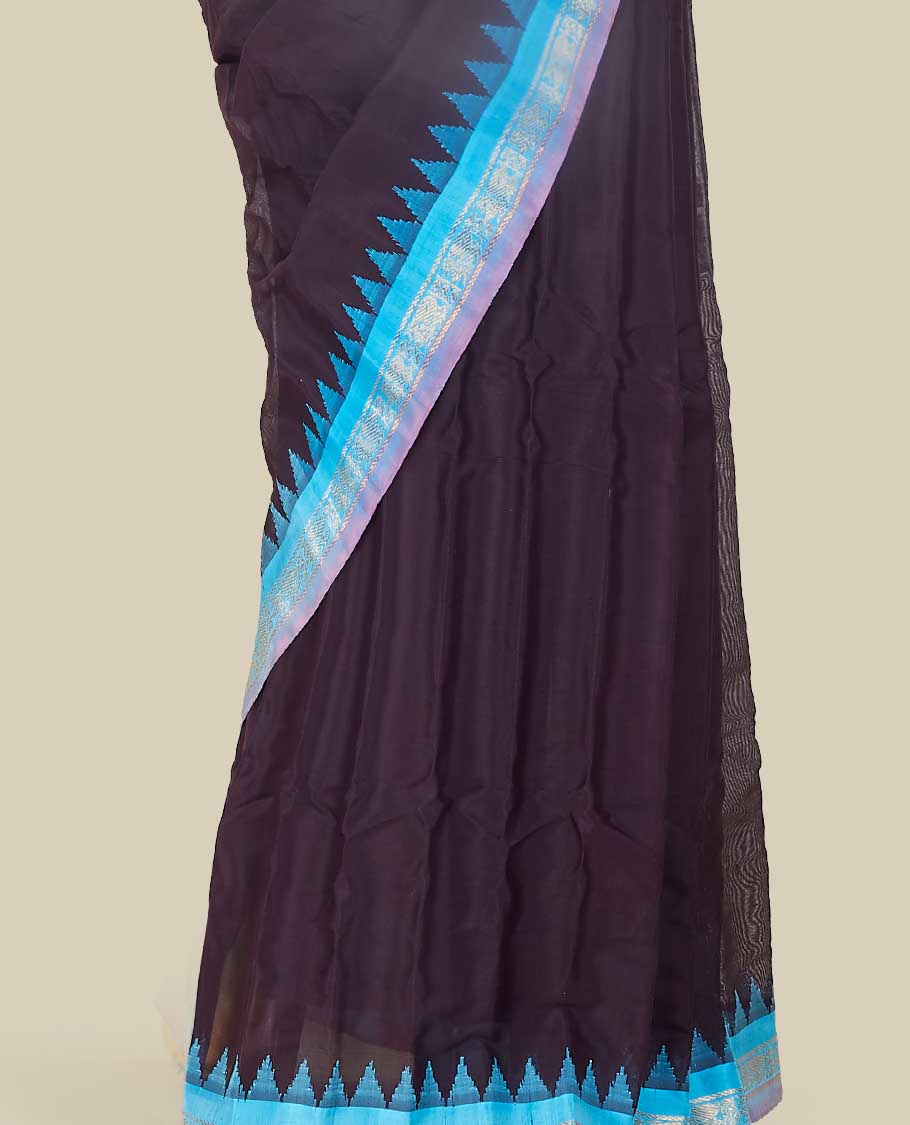 Classy black gadwal cotton saree with contrast vibardha border & zari design enriched pallu 