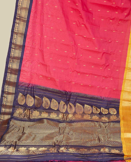 Peach gadwal cotton saree with paisley buttas, ganga jamuna border of chevron & rudraksha, intricately designed pallu