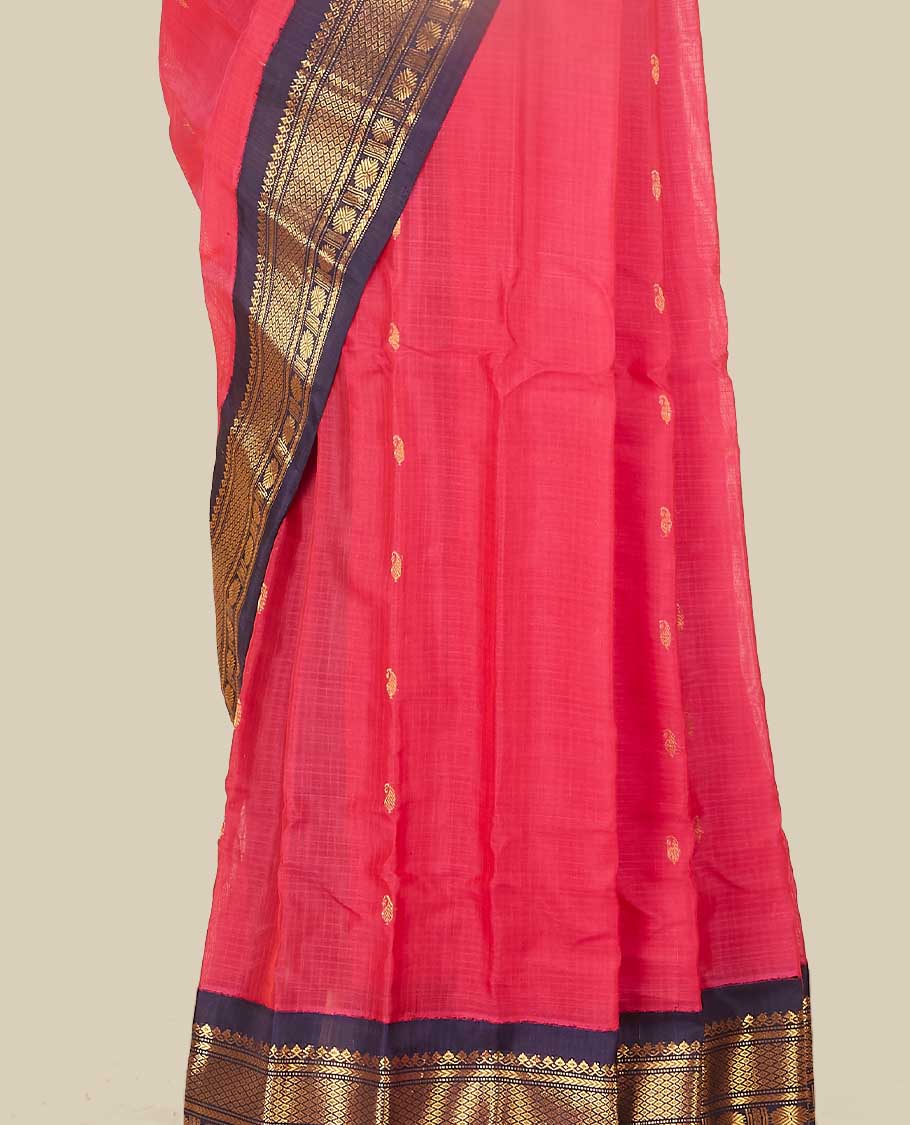 Peach gadwal cotton saree with paisley buttas, ganga jamuna border of chevron & rudraksha, intricately designed pallu