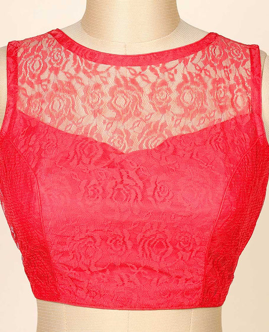 Rose red intricate floral embroidered front neck net sleeveless readymade blouse