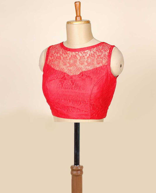 Rose red intricate floral embroidered front neck net sleeveless readymade blouse