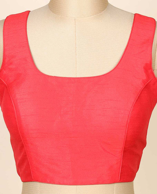 Red plain raw-silk sleeveless readymade blouse