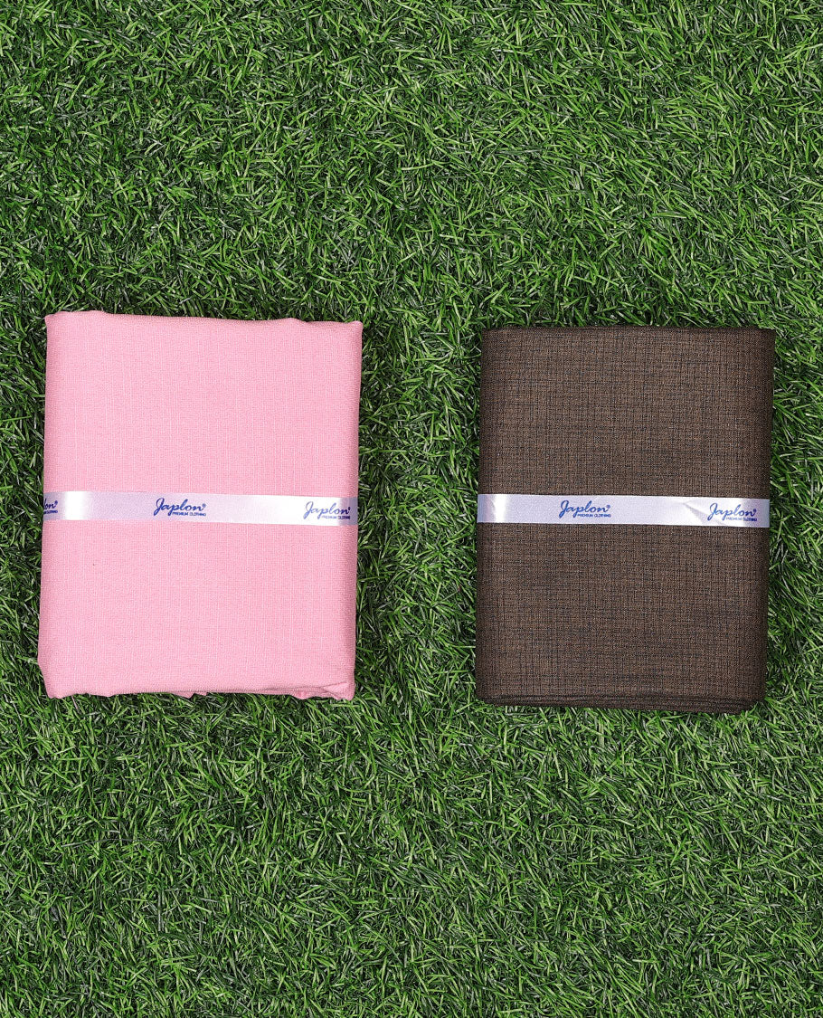Japlon men's material set features a taffy pink plain cotton shirt & contrast polyester viscose pants 