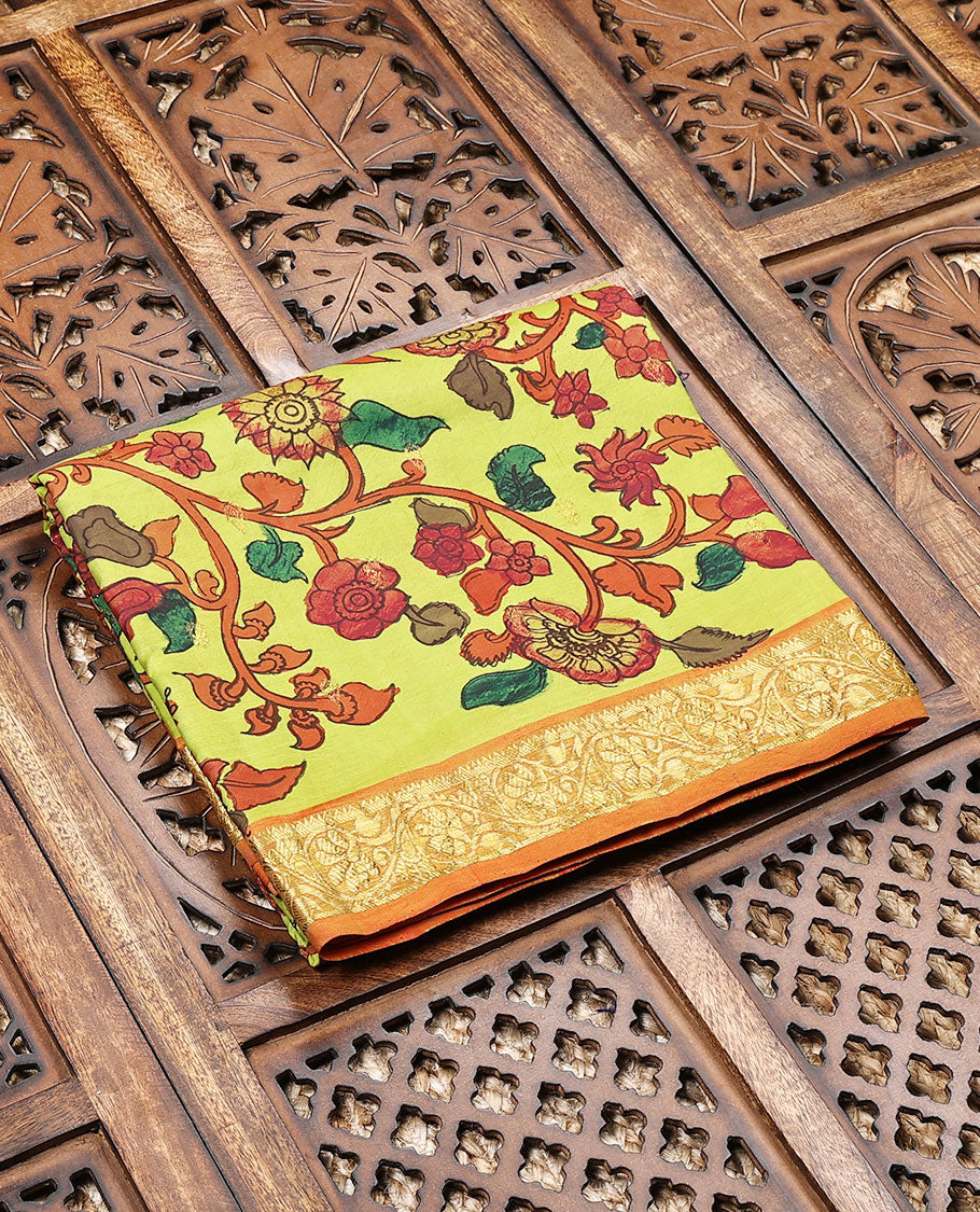 Leaf green handpainted pen Kalamkari silksaree with floral vine,contrast kodi visiry zari border & pallu of zari stripes