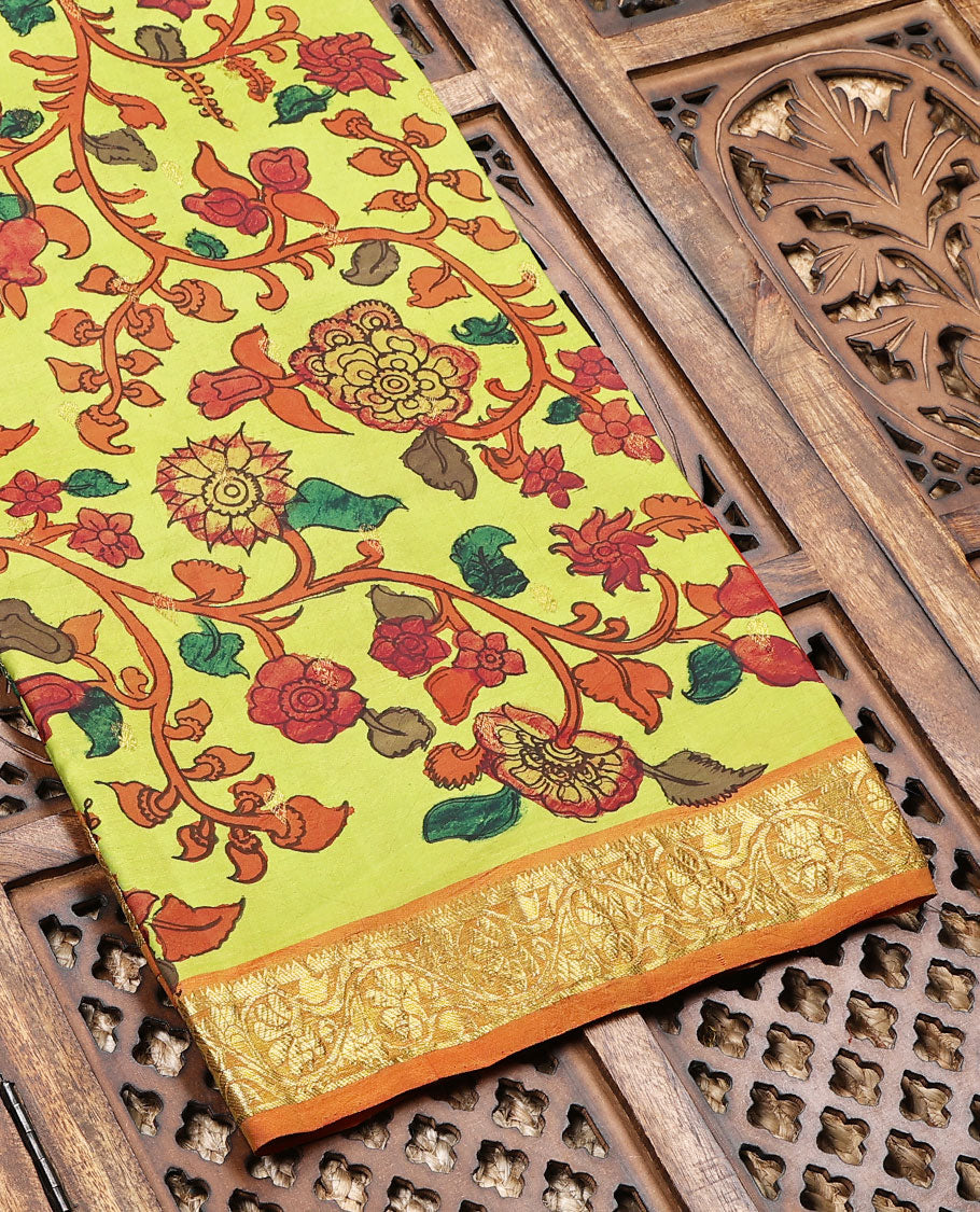 Leaf green handpainted pen Kalamkari silksaree with floral vine,contrast kodi visiry zari border & pallu of zari stripes