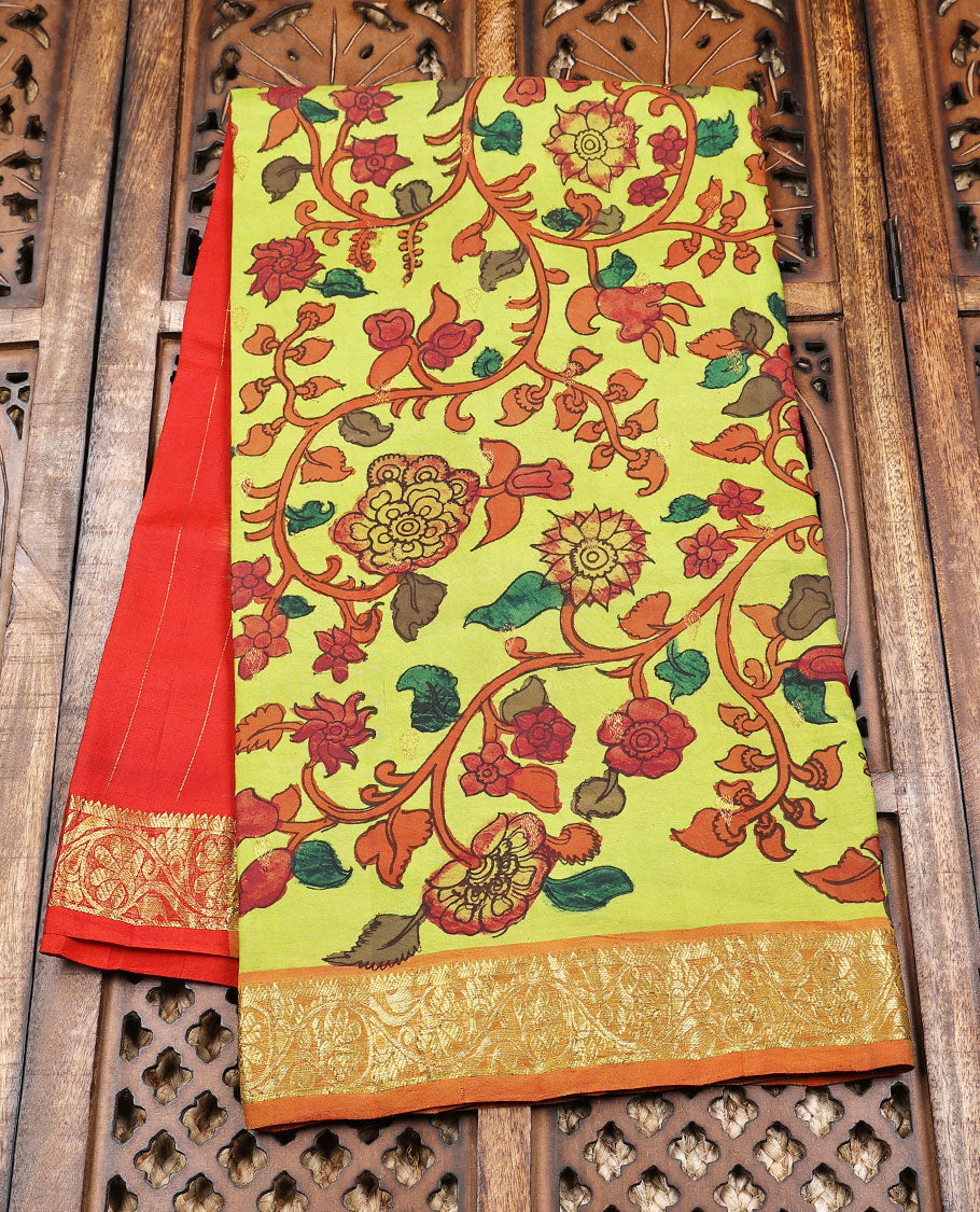 Leaf green handpainted pen Kalamkari silksaree with floral vine,contrast kodi visiry zari border & pallu of zari stripes