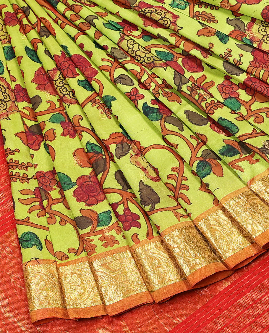Leaf green handpainted pen Kalamkari silksaree with floral vine,contrast kodi visiry zari border & pallu of zari stripes