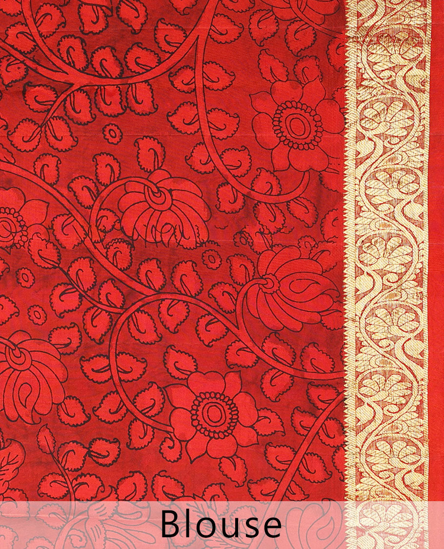 Leaf green handpainted pen Kalamkari silksaree with floral vine,contrast kodi visiry zari border & pallu of zari stripes
