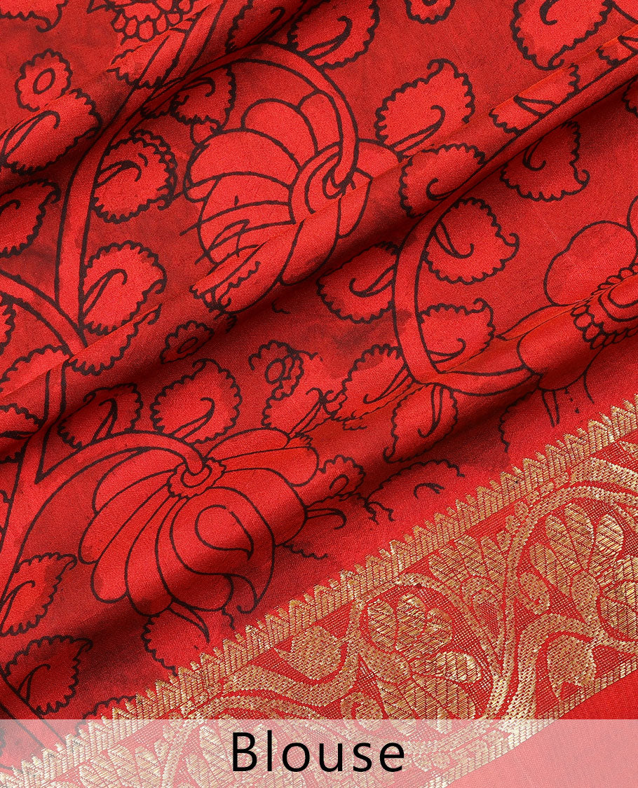 Leaf green handpainted pen Kalamkari silksaree with floral vine,contrast kodi visiry zari border & pallu of zari stripes