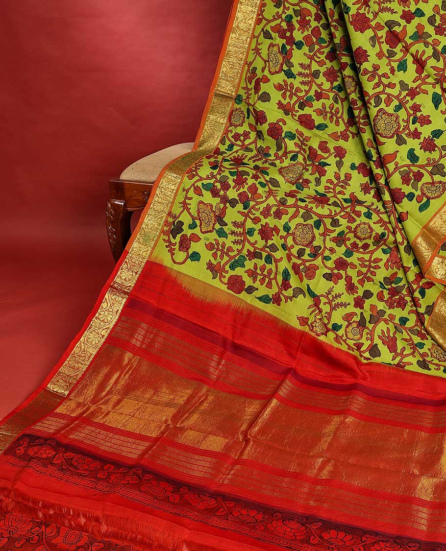 Leaf green handpainted pen Kalamkari silksaree with floral vine,contrast kodi visiry zari border & pallu of zari stripes