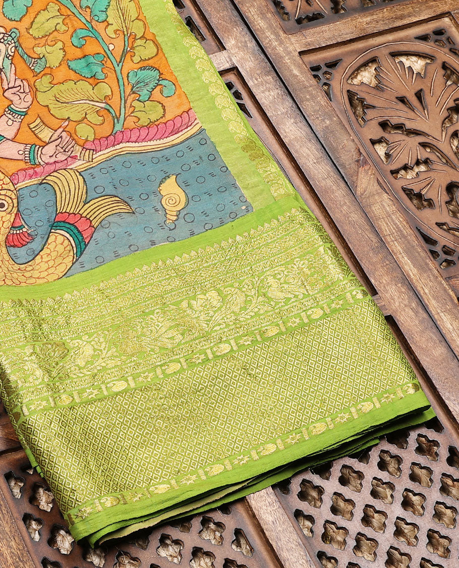 Green handpainted pen Kalamkari silksaree with God figurines,contrast jaal pallu & border of mayilkan, manga & mayil