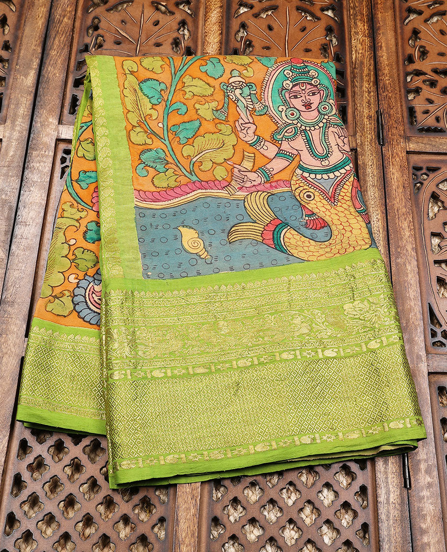 Green handpainted pen Kalamkari silksaree with God figurines,contrast jaal pallu & border of mayilkan, manga & mayil