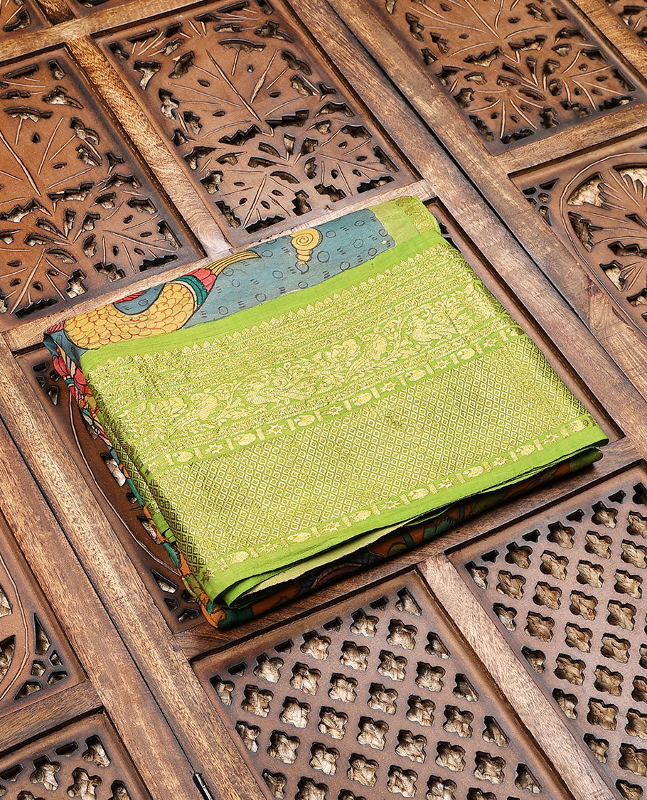 Green handpainted pen Kalamkari silksaree with God figurines,contrast jaal pallu & border of mayilkan, manga & mayil