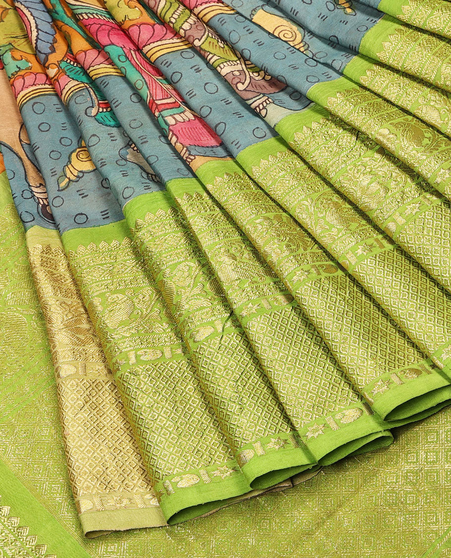 Green handpainted pen Kalamkari silksaree with God figurines,contrast jaal pallu & border of mayilkan, manga & mayil