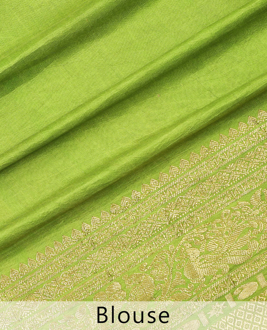 Green handpainted pen Kalamkari silksaree with God figurines,contrast jaal pallu & border of mayilkan, manga & mayil