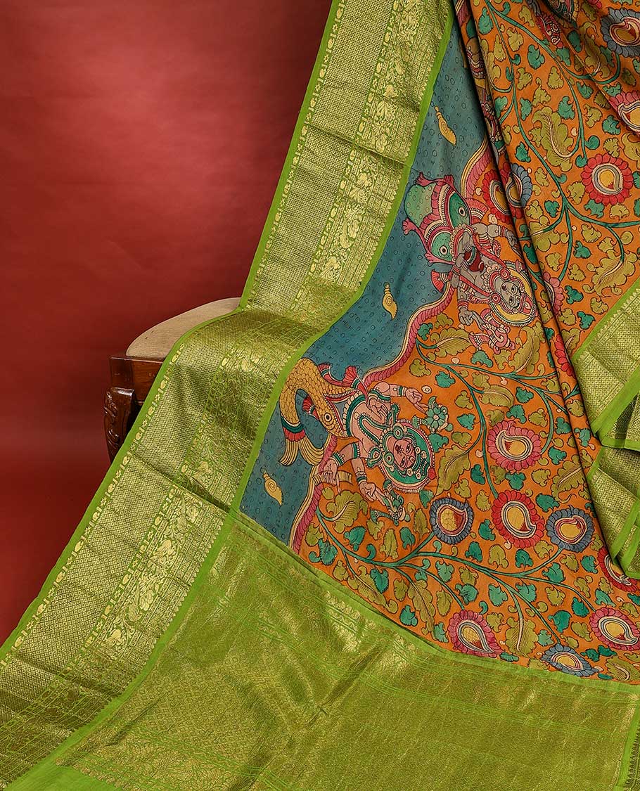 Green handpainted pen Kalamkari silksaree with God figurines,contrast jaal pallu & border of mayilkan, manga & mayil