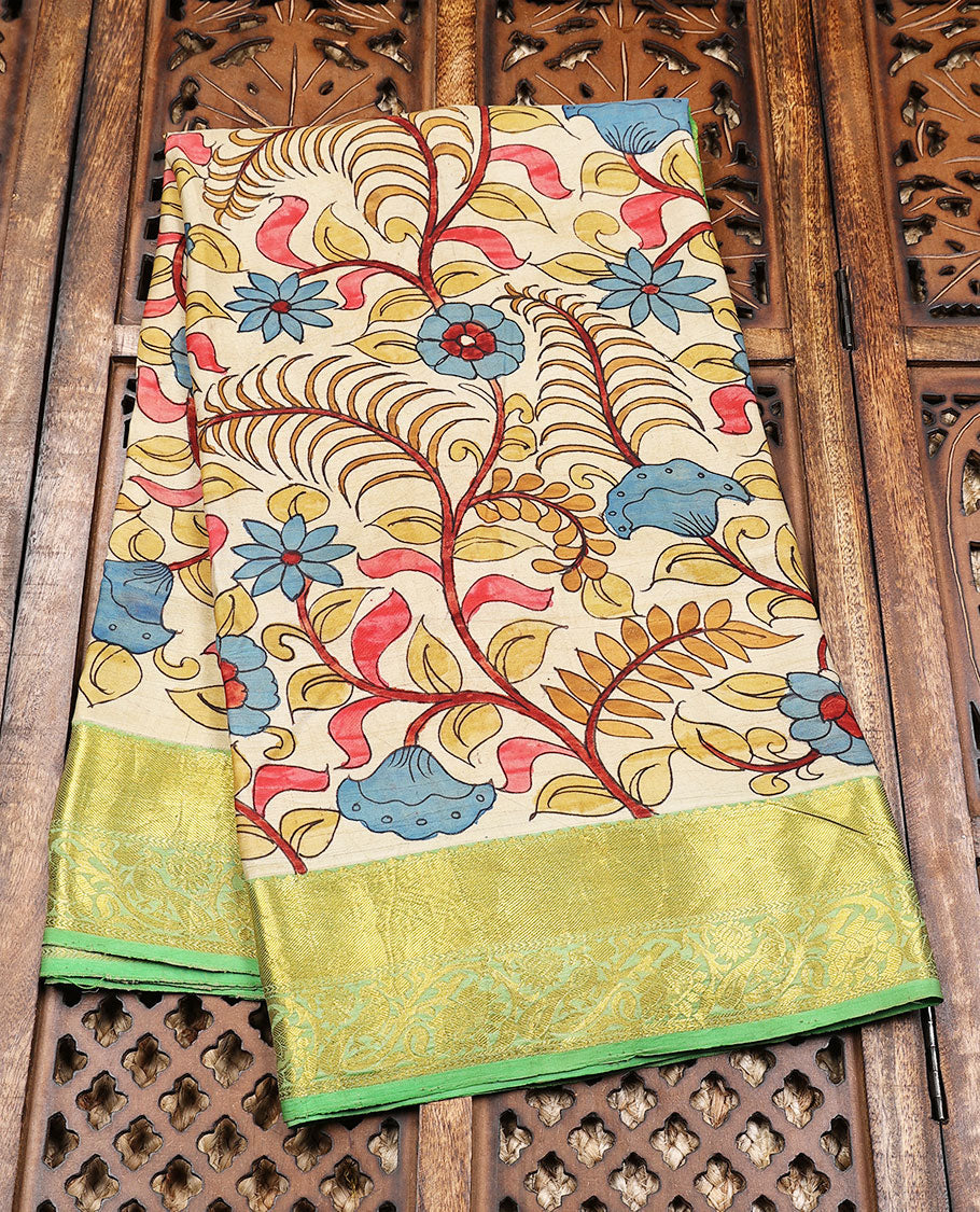 Sandal handpainted pen Kalamkari silksaree with multicolor floral jaal,contrast kanchi border & pallu of intricate style