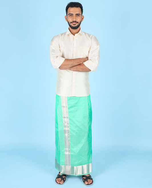 Green traditional zari border pure double-layer silk dhoti with kuyil kann border angavastram