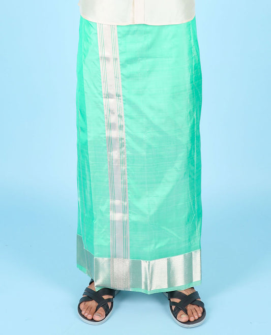 Green traditional zari border pure double-layer silk dhoti with kuyil kann border angavastram