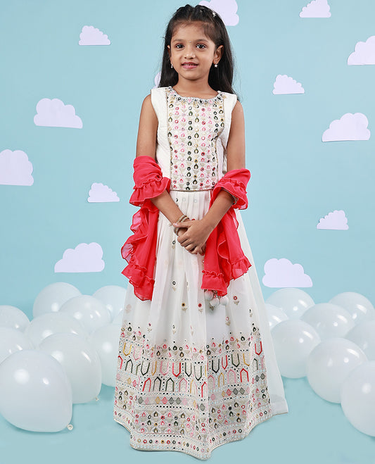 White sequin & multi-color thread embroidery  3/4th bell sleeve chiffon readymade chudidhar, contrast ruffle dupatta