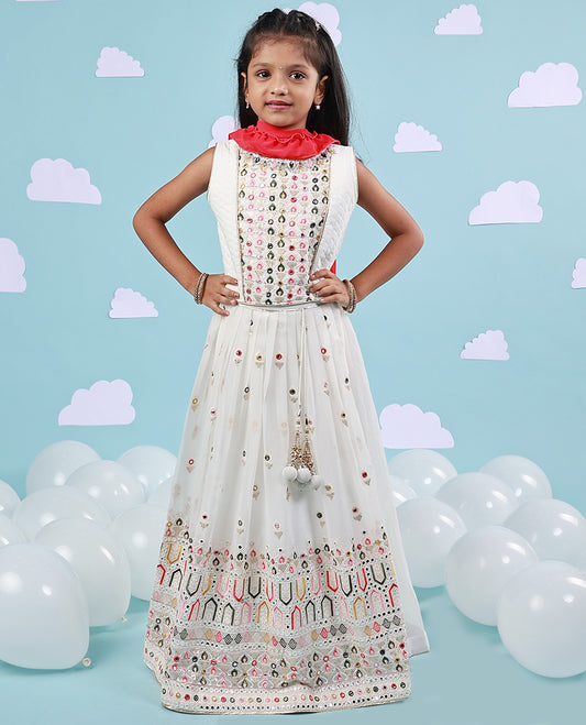 White sequin & multi-color thread embroidery  3/4th bell sleeve chiffon readymade chudidhar, contrast ruffle dupatta