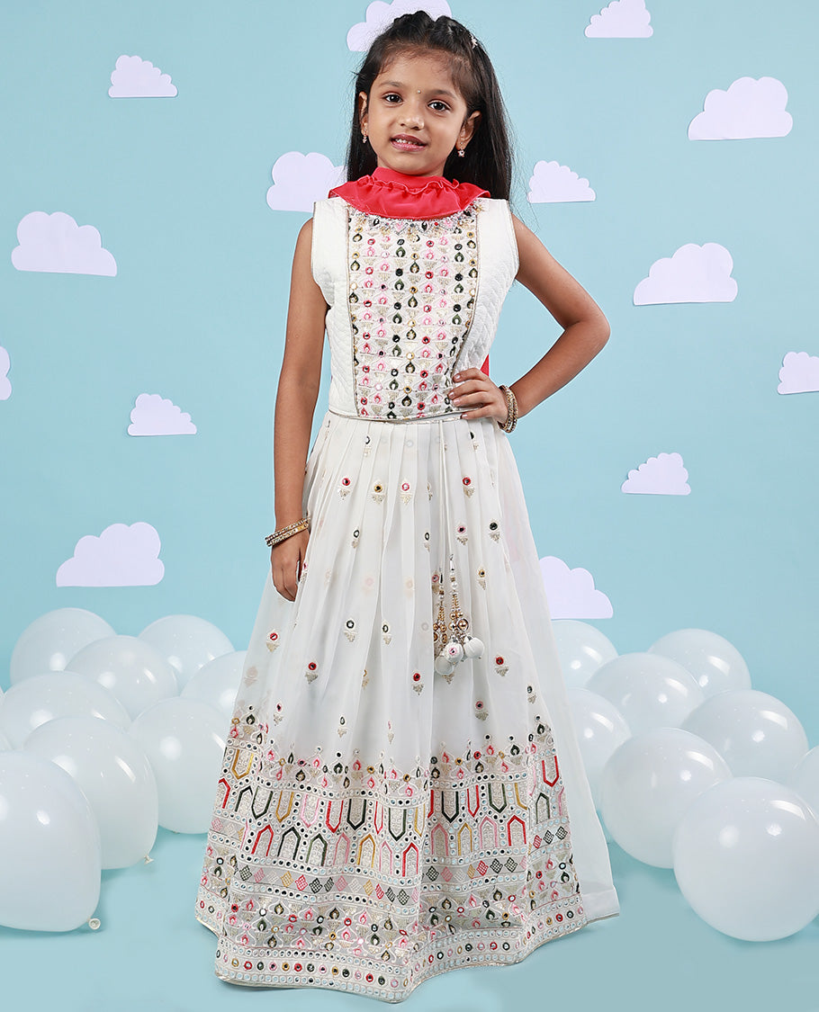 White sequin & multi-color thread embroidery  3/4th bell sleeve chiffon readymade chudidhar, contrast ruffle dupatta