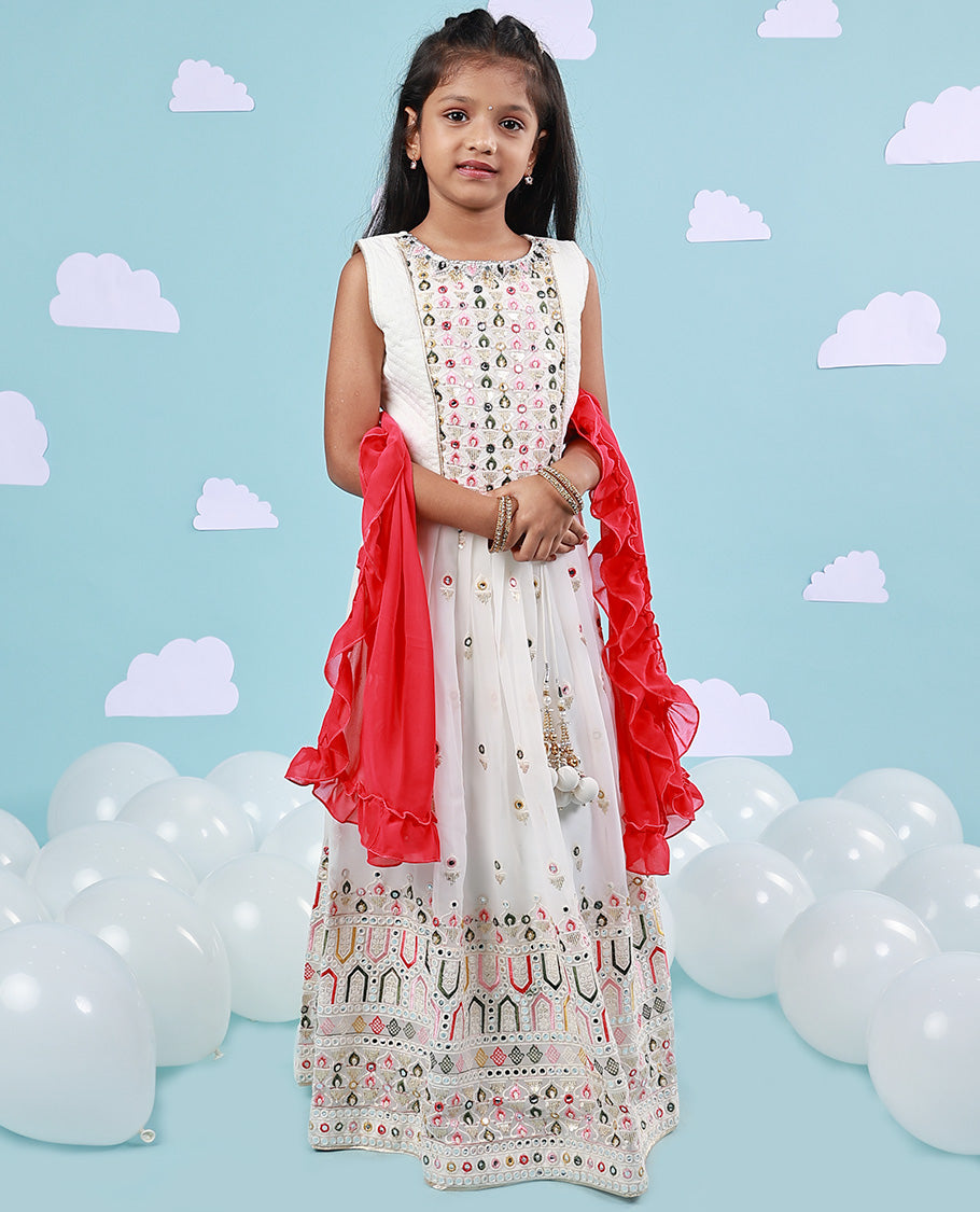 White sequin & multi-color thread embroidery  3/4th bell sleeve chiffon readymade chudidhar, contrast ruffle dupatta