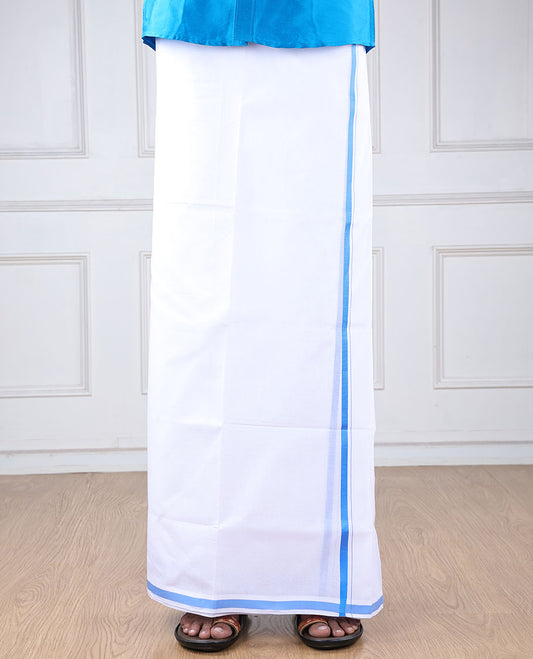 Minister White 4-yard cotton White dhoti with contrast light blue border 