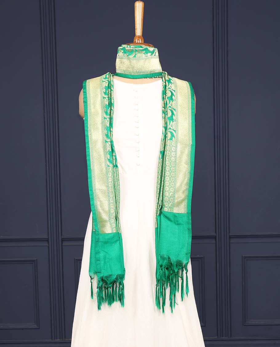 Green intricate jaal jacquard banaras dupatta with tassels