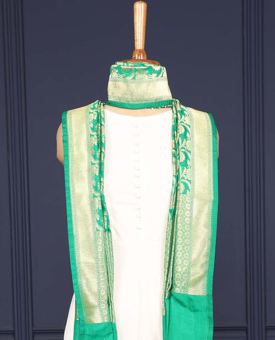 Green intricate jaal jacquard banaras dupatta with tassels
