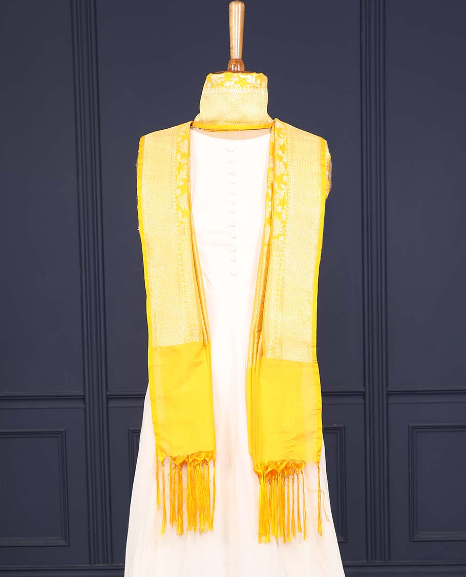 Yellow intricate floral jaal jacquard banaras dupatta with tassels