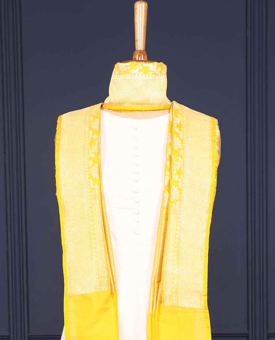 Yellow intricate floral jaal jacquard banaras dupatta with tassels
